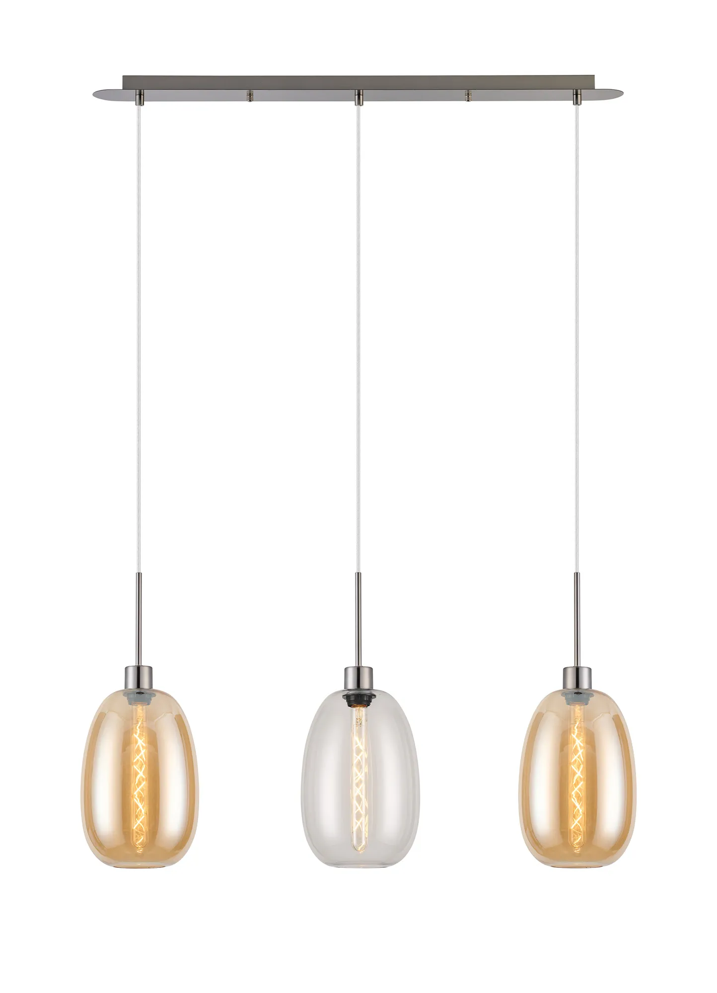DK1392  Lori Linear Pendant, 3 Light Adjustable E27, Satin Nickel/Clear/Amber Slim Curved Trapezium Shades